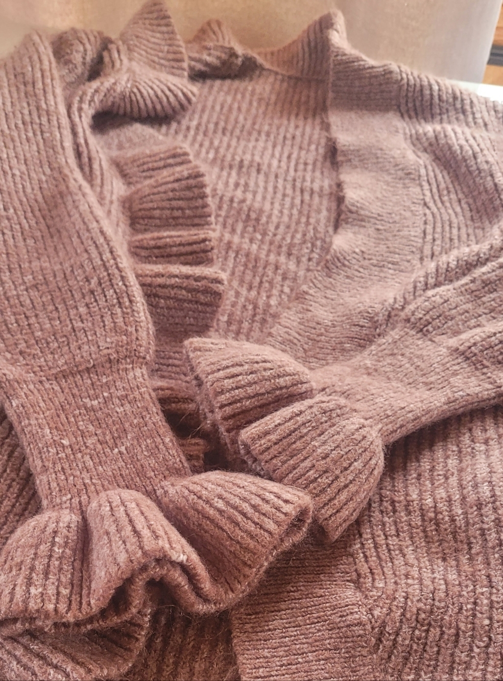 Cozy Ruffle-Trim Ribbed Sweater - Dusty Rose - Picture 2 of 2